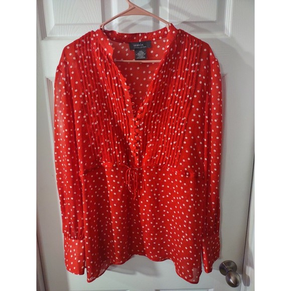 George Top Size XL (16/18) Red And White Polka Dot Long Sleeve Sheer